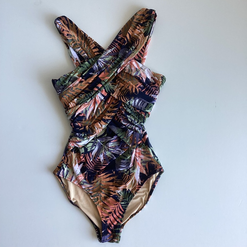 Garnet Hill Ruched Tropical Print One-Piece Swimsuit